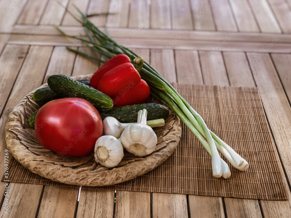 Still Life Of Fresh Organic Vegetables On Wooden Plate Over Wooden Background, Selective Focus, Still Life Of Fresh Organic Vegetables On Wooden Plate Over Wooden Background, Selective Focus,