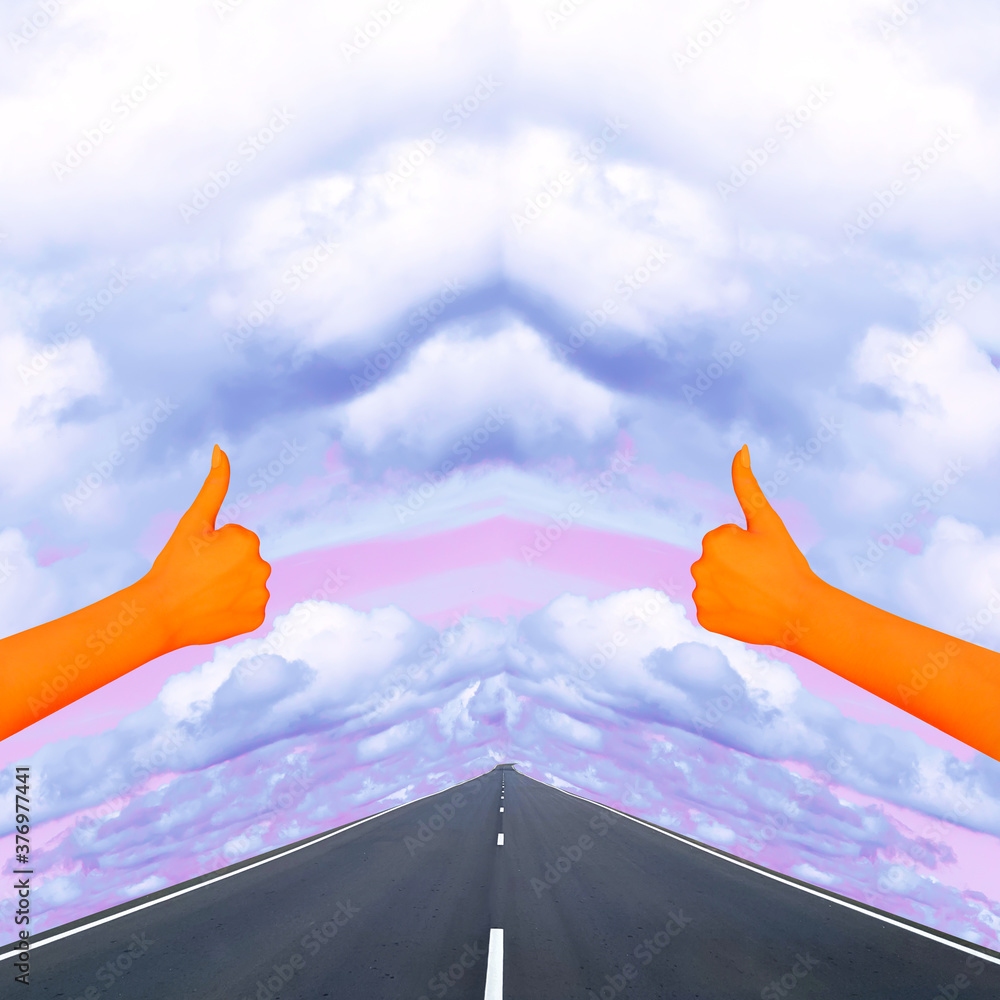 Contemporary collage. Two orange hands with a hitchhiking gesture against the background of the road and sky. Travel concept, abstraction, art.