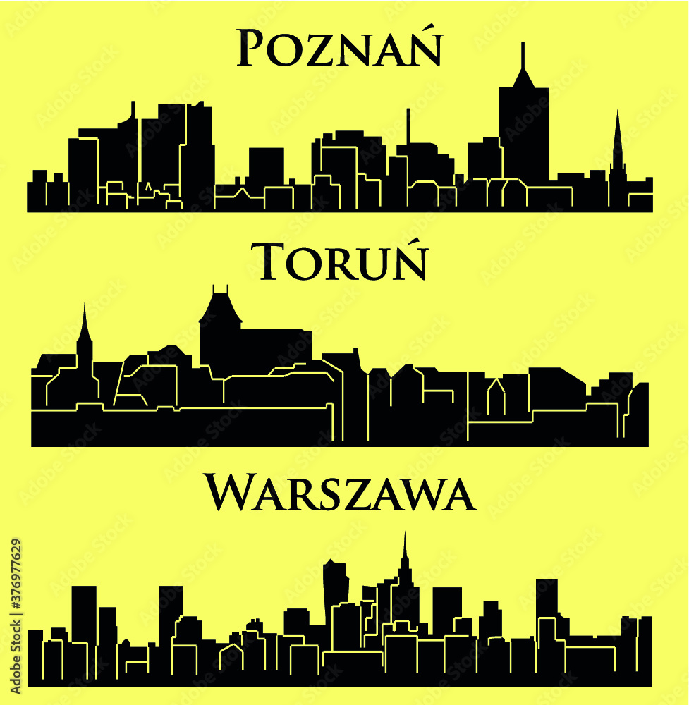 Warsaw, Poznan, Torun 3 city silhouette in Poland Stock Vector | Adobe Stock