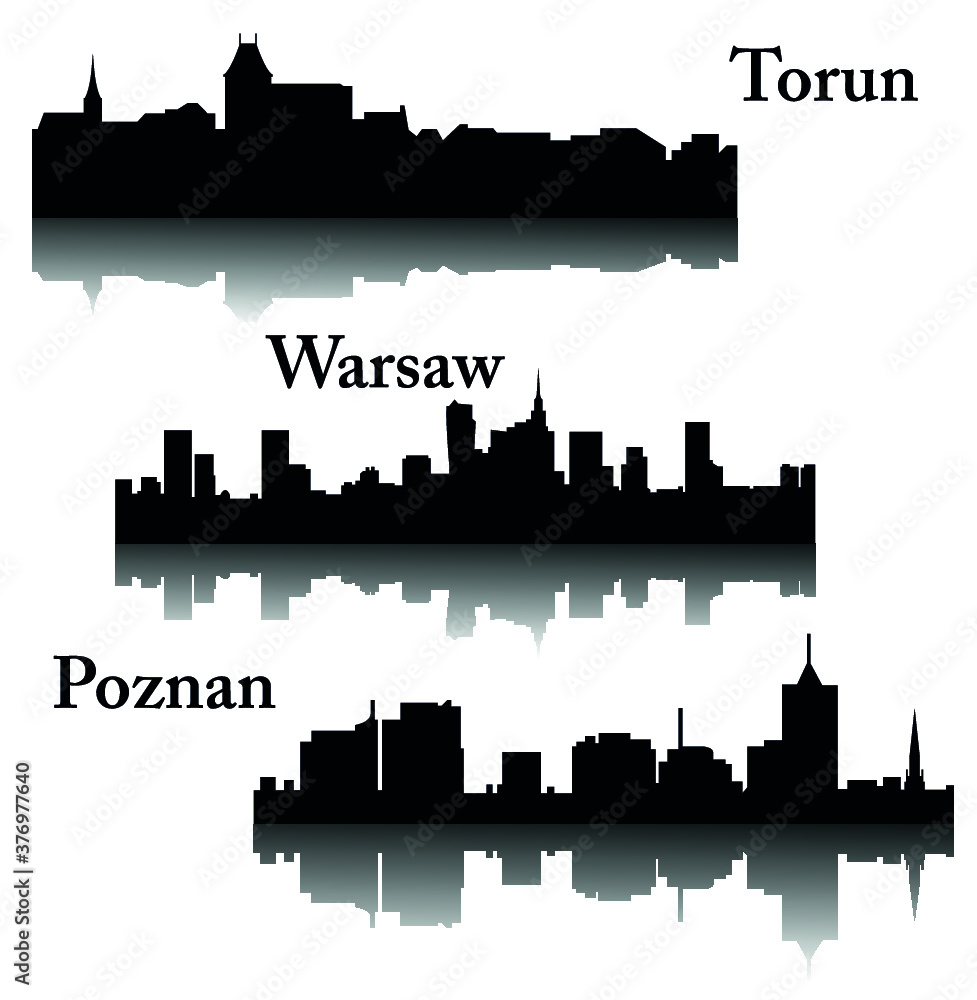 Warsaw, Poznan, Torun 3 city silhouette in Poland