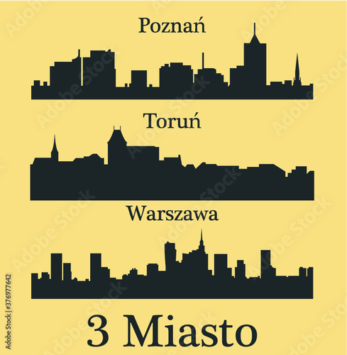 Warsaw, Poznan, Torun 3 city silhouette in Poland