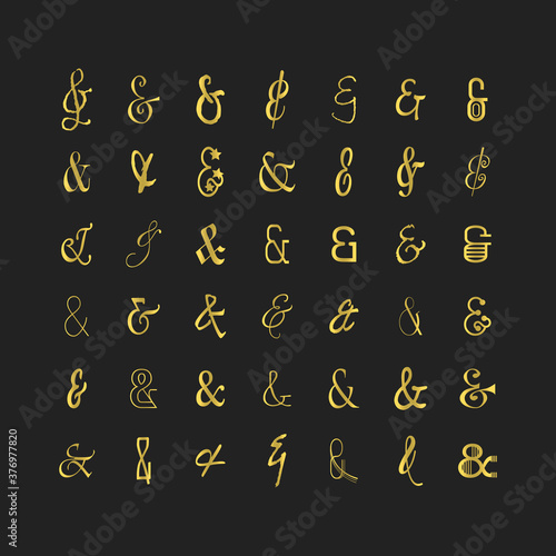 Golden modern and trendy different shapes of thin line stylized and isolated ampersand icons set on black background