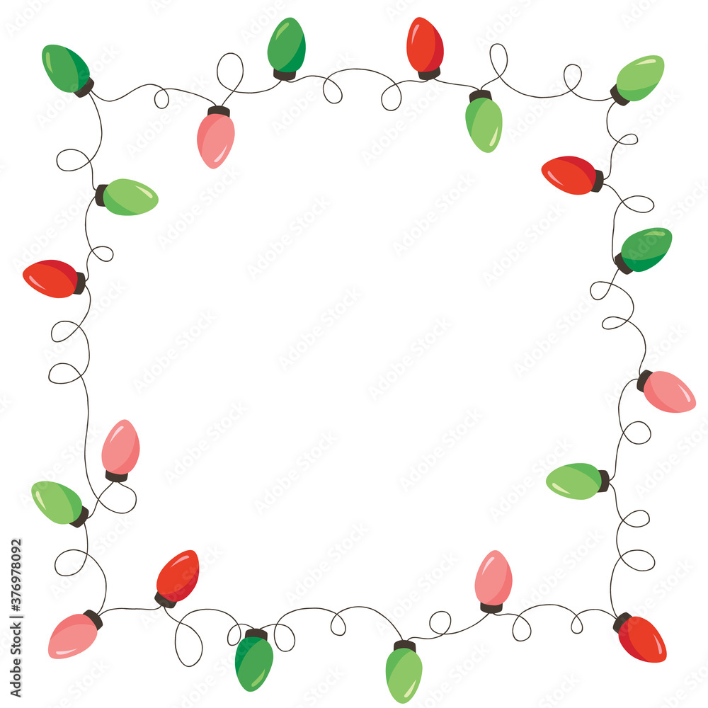 Vector Retro Colorful Holiday Christmas and New Year Intertwined String Lights Square Frame on White Background. Winter Holiday Circular Decorative Element Perfect for Invitations, Postcards