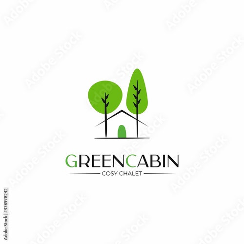 Green cabin vector logo template. Design template of a house between two trees. Chalet logo.