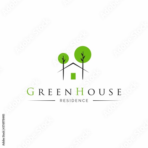 Green House logo. House between trees logo template. Green residence logotype.
