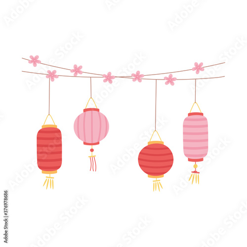 chinese lantern flowers decoration celebraton festival isolated icon style