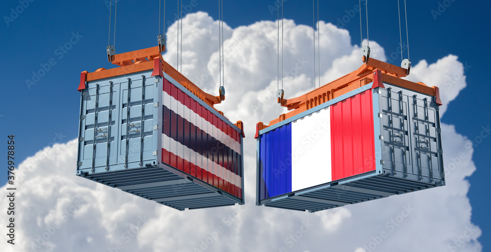 Freight containers with Thailand and France flag. 3D Rendering 