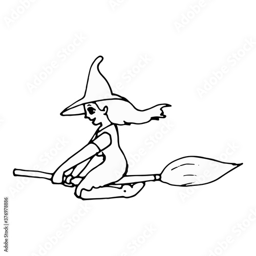 witch on broom toots on a white background in the style of a doodle