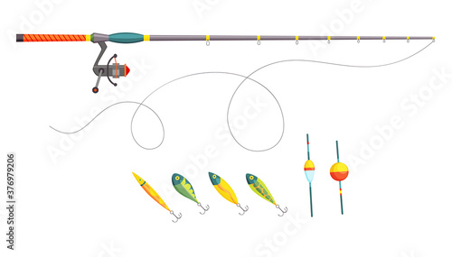 Fishing. Fishing equipment. Outdoor vacation. Isolated fishery hobby. Fish tackle and hook, rod and float, lure and bait. Fun activity icons set