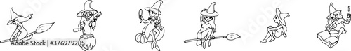 set of design elements to Halloween. Doodle-style witches painted with black concrom on a white background