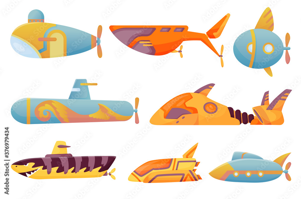 Obraz premium Collection submarines undersea. Cute cartoon yellow submarines. Bathyscaphe underwater ships. Diving exploring at the bottom of sea. Child game illustrations