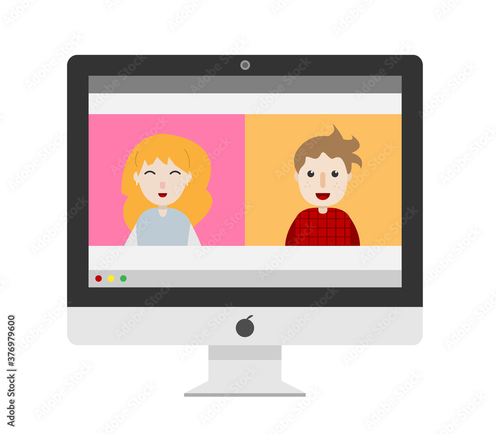 Video call conference, vector flat design illustration of a couple in a virtual meeting session on computer screen display, isolated on white background. Video call conference, vector flat design illustration of a couple in a virtual meeting session on computer screen display, isolated on white background.