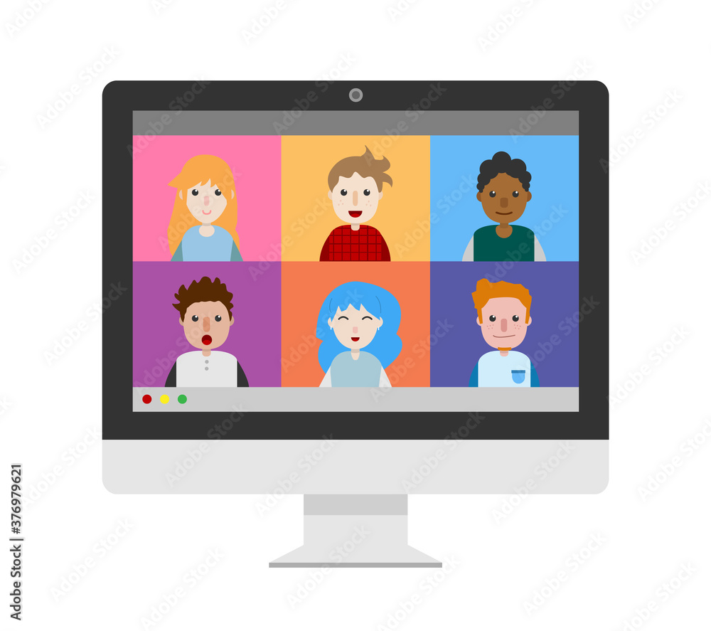 Video call conference, vector flat design illustration of a group of people in a virtual meeting session on computer screen display, isolated on white background. Video call conference, vector flat design illustration of a group of people in a virtual meeting session on computer screen display, isolated on white background.