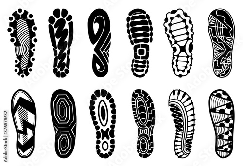 Collection of footprints human shoes silhouette. Set of shoe soles print. Different vector footprints men women sneakers shoes boots. Isolated footstamp icons on white background