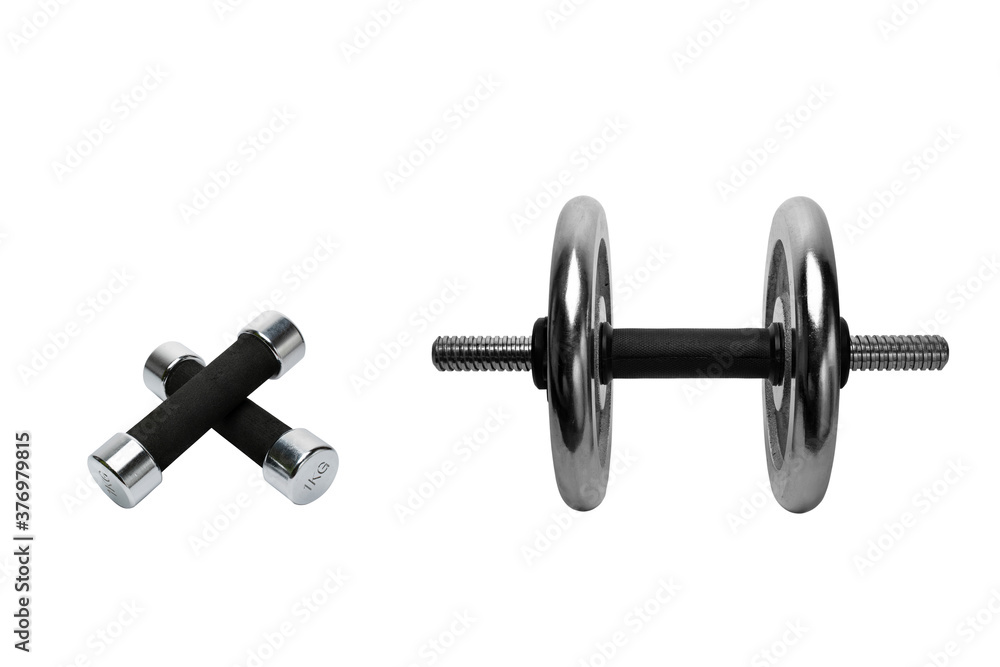 Load progression. Weight gain in training, small and large dumbbells isolated on white background Load progression. Weight gain in training, small and large dumbbells isolated on white background