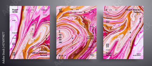 Abstract liquid banner, fluid art vector texture set. Artistic background that applicable for design cover, invitation, flyer and etc. Pink, golden and white universal trendy painting backdrop