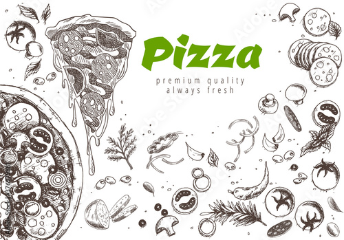 Pizza line banner. Engraved style doodle background. Savoury pizza ads with illustration rich toppings dough. Tasty vector banner for cafe, restaurant or food delivery service