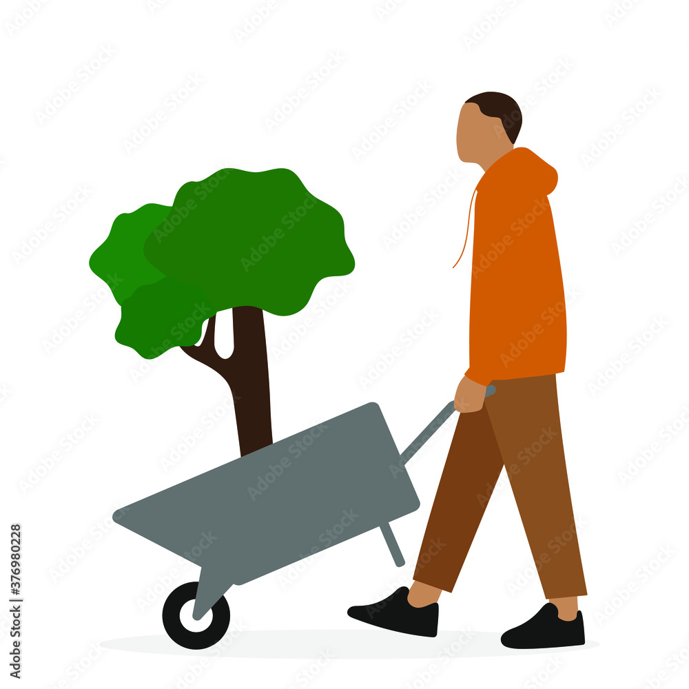Male character carries a wheelbarrow with a young tree
Male character carries a wheelbarrow with a young tree