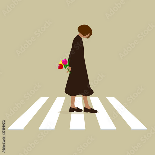 
Sad female character with flowers in her hands goes on a crosswalk