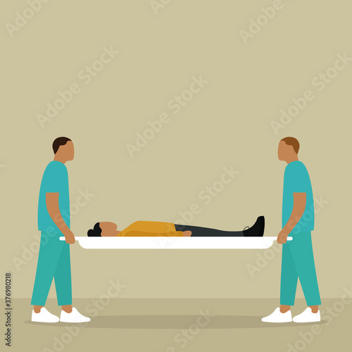 Two male orderlies are holding a stretcher with a female character