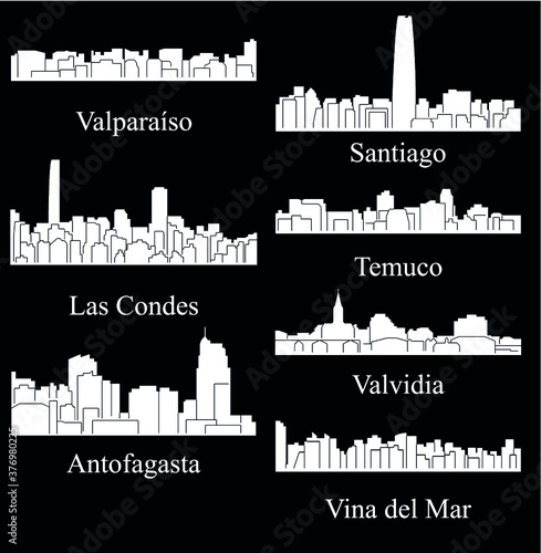 Set of 7 City silhouette in Chile ( Santiago, Vina del Mar, Valvidia, Antofagasta, Las Condes, Valparaiso, Temuco )