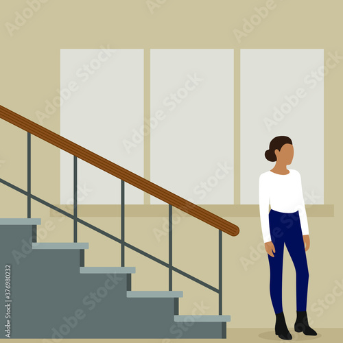 Female character stands near the stairs against the background of the wall and window