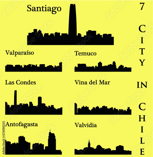 Set of 7 City silhouette in Chile ( Santiago, Vina del Mar, Valvidia, Antofagasta, Las Condes, Valparaiso, Temuco )