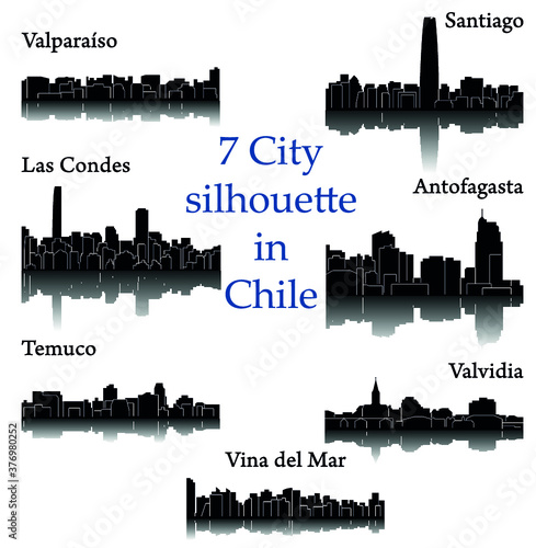 Set of 7 City silhouette in Chile ( Santiago, Vina del Mar, Valvidia, Antofagasta, Las Condes, Valparaiso, Temuco )