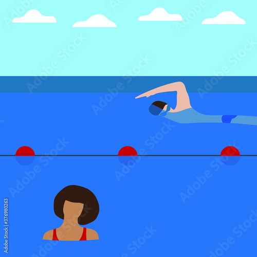 
A female character in the water before the buoys and a male character behind the buoys