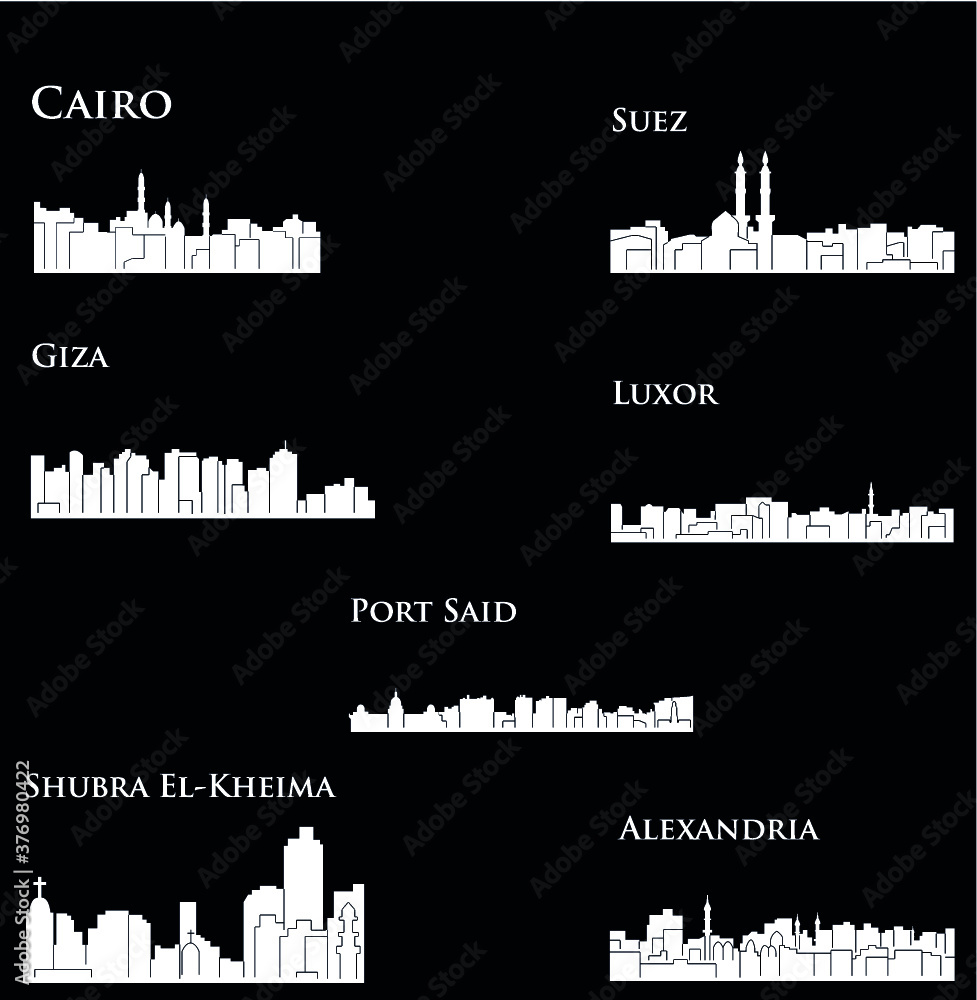 Set of 7 City silhouette in Egypt ( Cairo, Suez, Luxor, Alexandria, Port Said, Giza, Shubra El-Kheima )