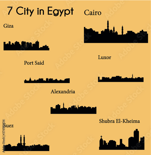 Set of 7 City silhouette in Egypt ( Cairo, Suez, Luxor, Alexandria, Port Said, Giza, Shubra El-Kheima )