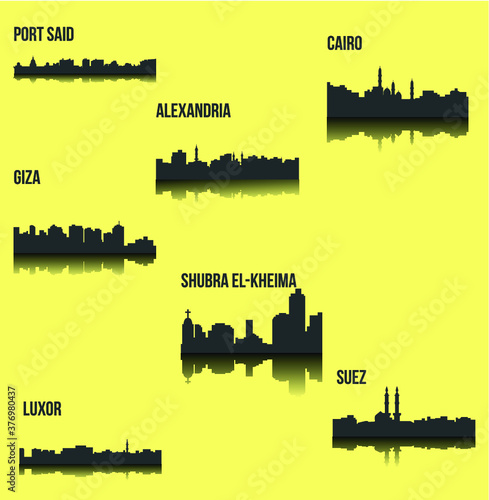 Set of 7 City silhouette in Egypt ( Cairo, Suez, Luxor, Alexandria, Port Said, Giza, Shubra El-Kheima )