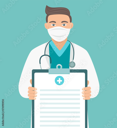 Doctor in Medical Mask with stethoscope holding a clipboard. Dr showing blank to write on it your personal message, advice, diagnose, report. Man with result of covid19 test. Vector illustration.