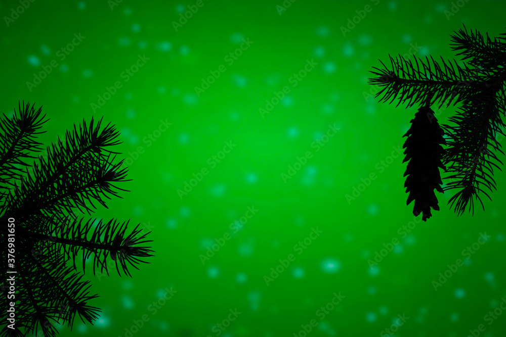 Christmas holiday themed texture with pine tree branches and a pine cone on green background with snowflakes like blurred light spots Christmas holiday themed texture with pine tree branches and a pine cone on green background with snowflakes like blurred light spots