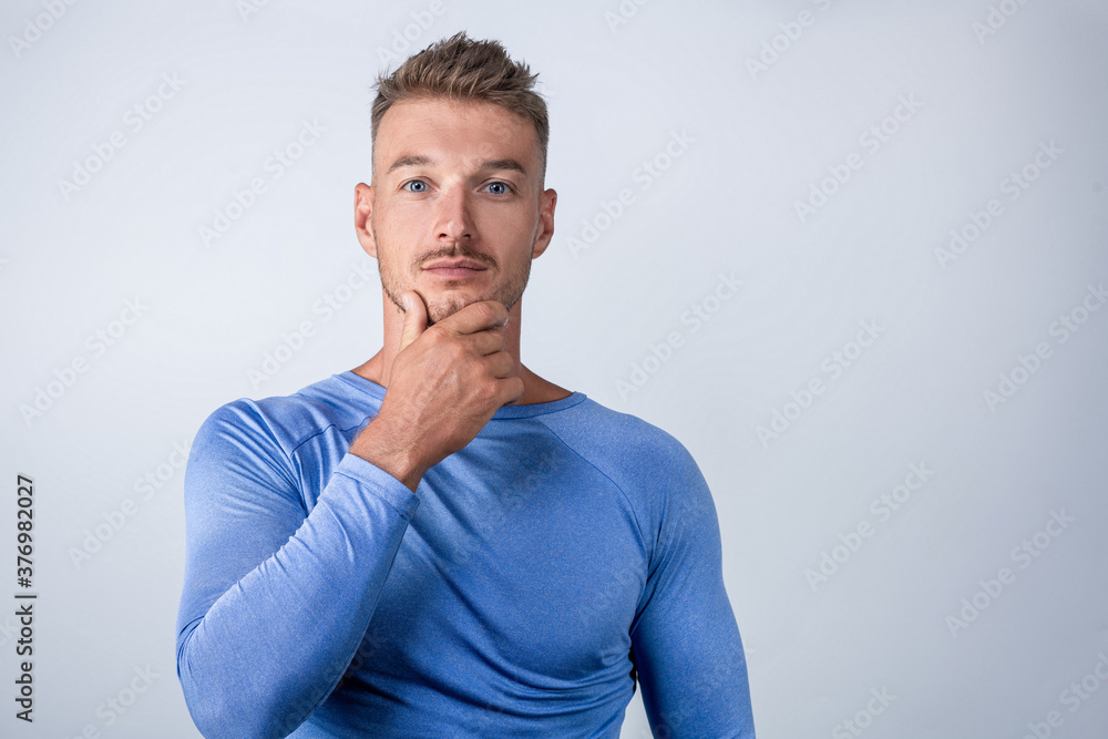 man in blue shirt on white background man in blue shirt on white background