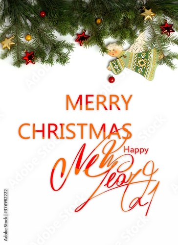 Christmas greeting card. Merry Christmas and happy new year. text with Christmas evergreen branches and Christmas tree toys on a white background