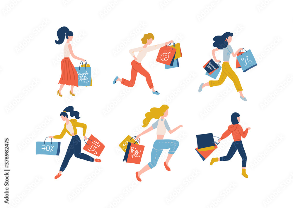 Collection of women carrying shopping bags taking part in seasonal sale. Set of shopper girls addicted to buying in shop, store, mall or showroom. Colorful flat vector illustration.