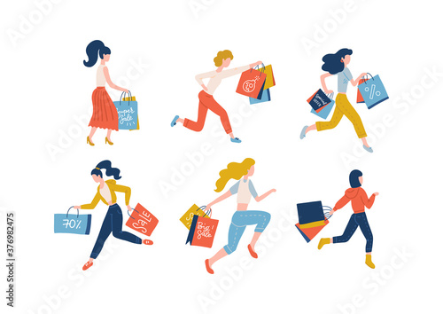 Collection of women carrying shopping bags taking part in seasonal sale. Set of shopper girls addicted to buying in shop, store, mall or showroom. Colorful flat vector illustration.
