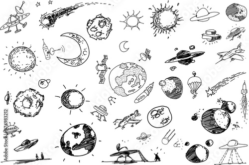 many hand drawn sketches of topics regarding planets and space flight with rockets and space stations and stars and ufos