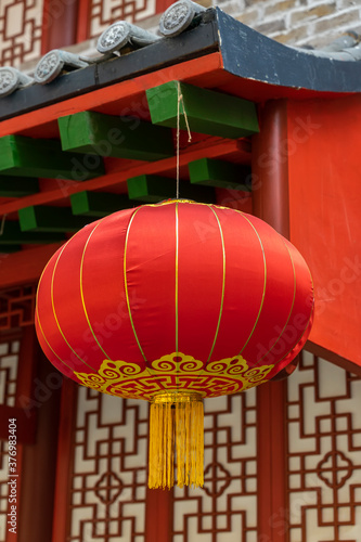 Chinese red lantern against building  decoration for Chinese spring festival celebration