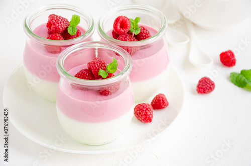 Raspberry yogurt panna cotta or mousse with fresh raspberries on top in jars on a light background. Copy space.