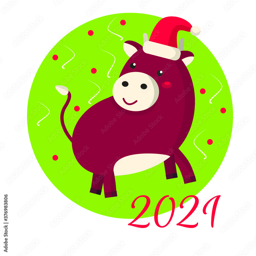 Naklejka premium Happy New Year vector Illustration with funny bull on green background. For postcards, polygraphy, web-design, etc