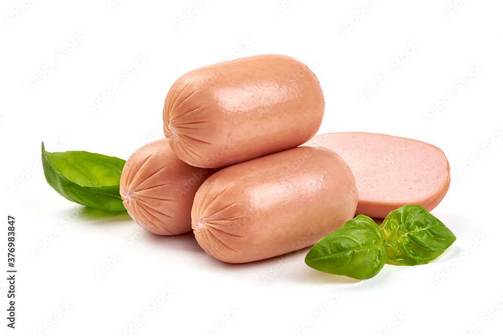 Boiled sausages with basil, isolated on white background Boiled sausages with basil, isolated on white background