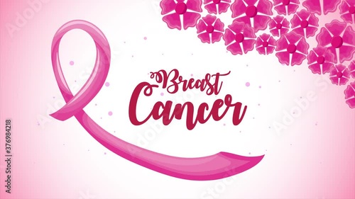 breast cancer campaign lettering animation with ribbon pink and flowers photo