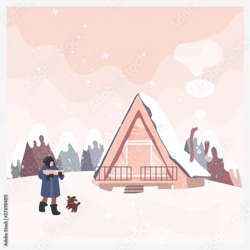 Vector illustration of a winter scene at the mountain.A small red hut standing in the wood.A woman with a dog. concept of Christmas or new year celebrates alone. 