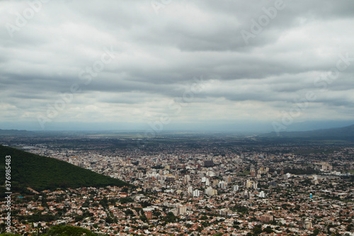Cityscape. Aerial view of the town Salta at the foot of the mountain.