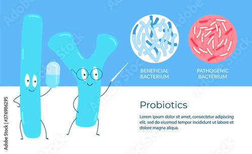 Probiotics concept. Probiotics study positive and pathogenic bacteria. Editable vector illustration. Template for your design.