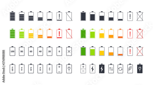 Battery icons. Vector mobile phone battery charge icons. Editable stroke. Black and multicolor scale elements, electronic device power percentages