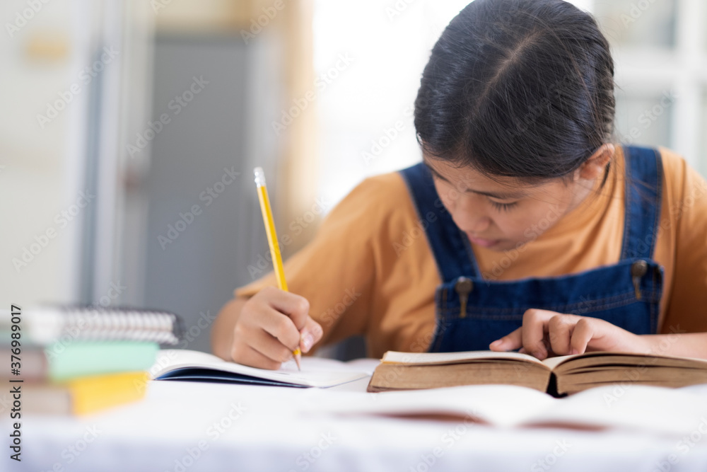 Asian girl reading and doing homework at her home Asian girl reading and doing homework at her home