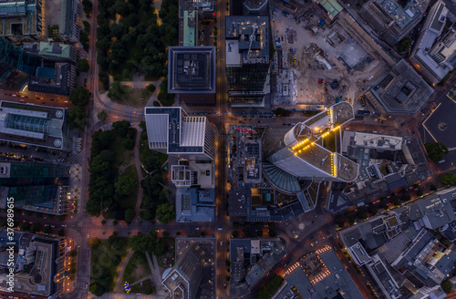 Overhead Birds View of Frankfurt am Main City Center right after Sunset with Glowing City Lights photo